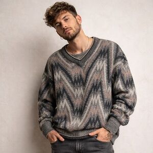 London Fog Vintage Dad Knit Sweater V neckline Chevron Abstract Pattern XL